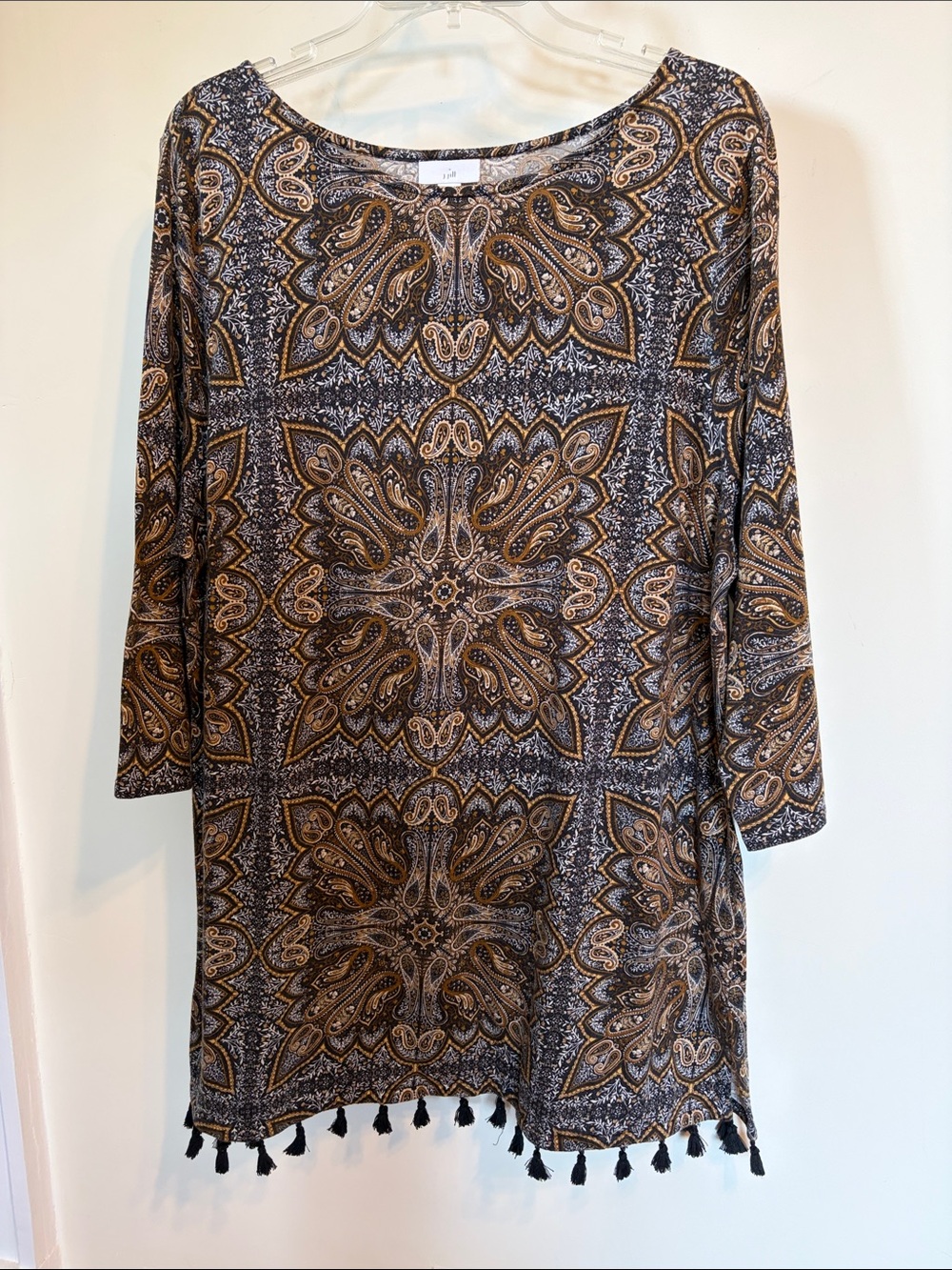 J.Jill XL Paisley Medallion Tunic Top Black Brown Tassel Hem 3/4 Sleeve